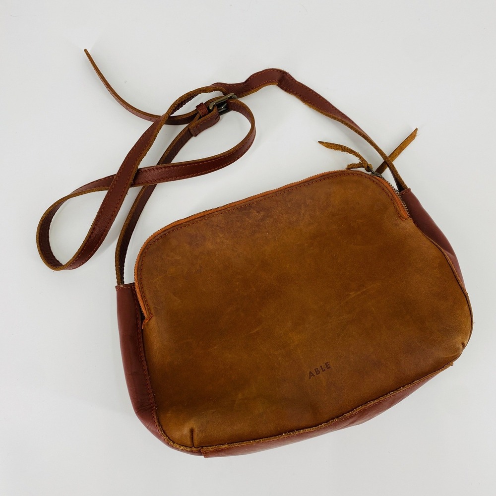 ABLE Crossbody Bag Women OS Brown Leather Triple Zip Minimalist